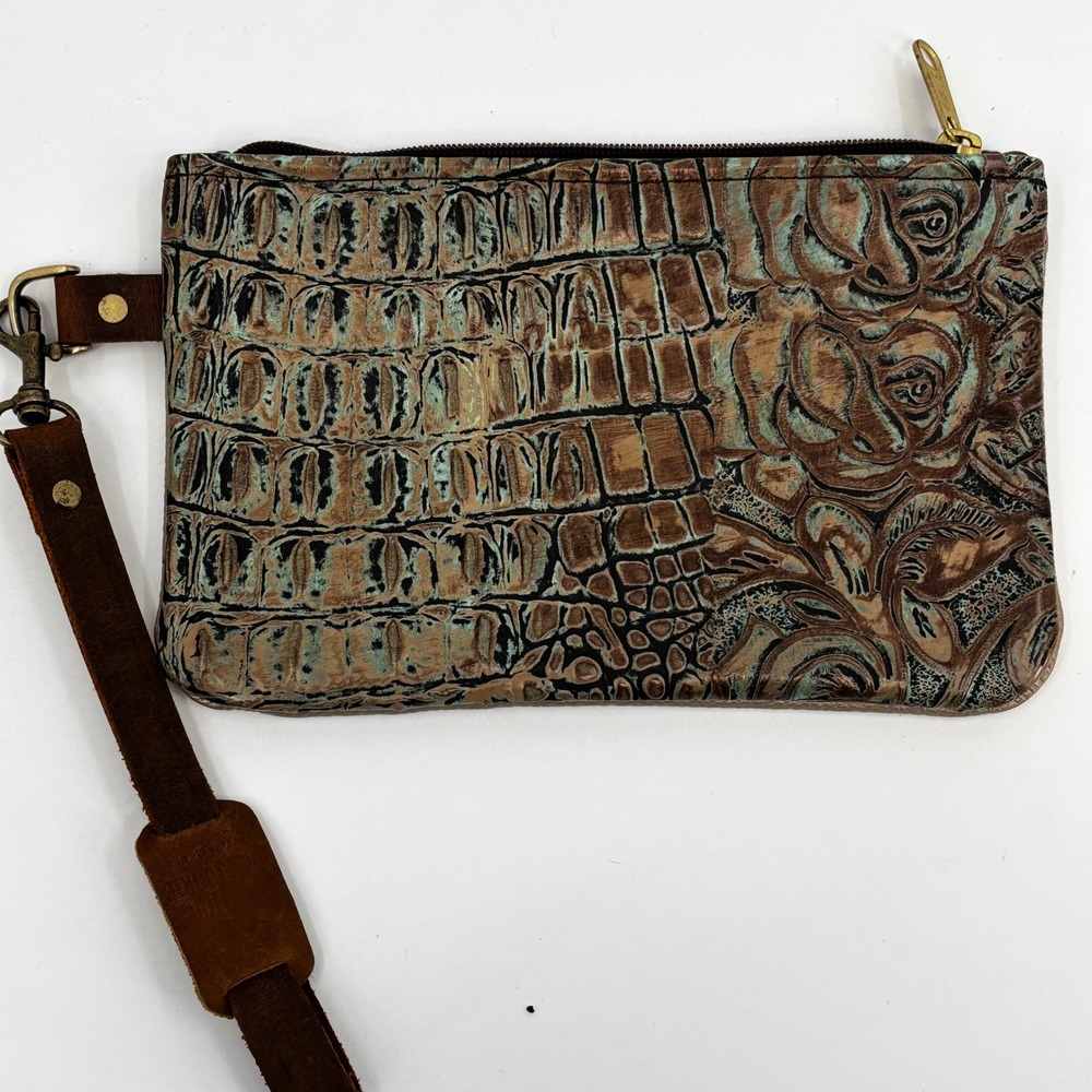 Hide Junkie Wristlet Pouch Women Brown Teal Embossed Leather Croc Western  Boho